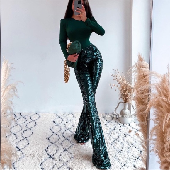 ZARA NWT BLOGGER FAVE Emerald Green Sequin Flare Leg Pants Holiday Party Pants - Picture 6 of 17